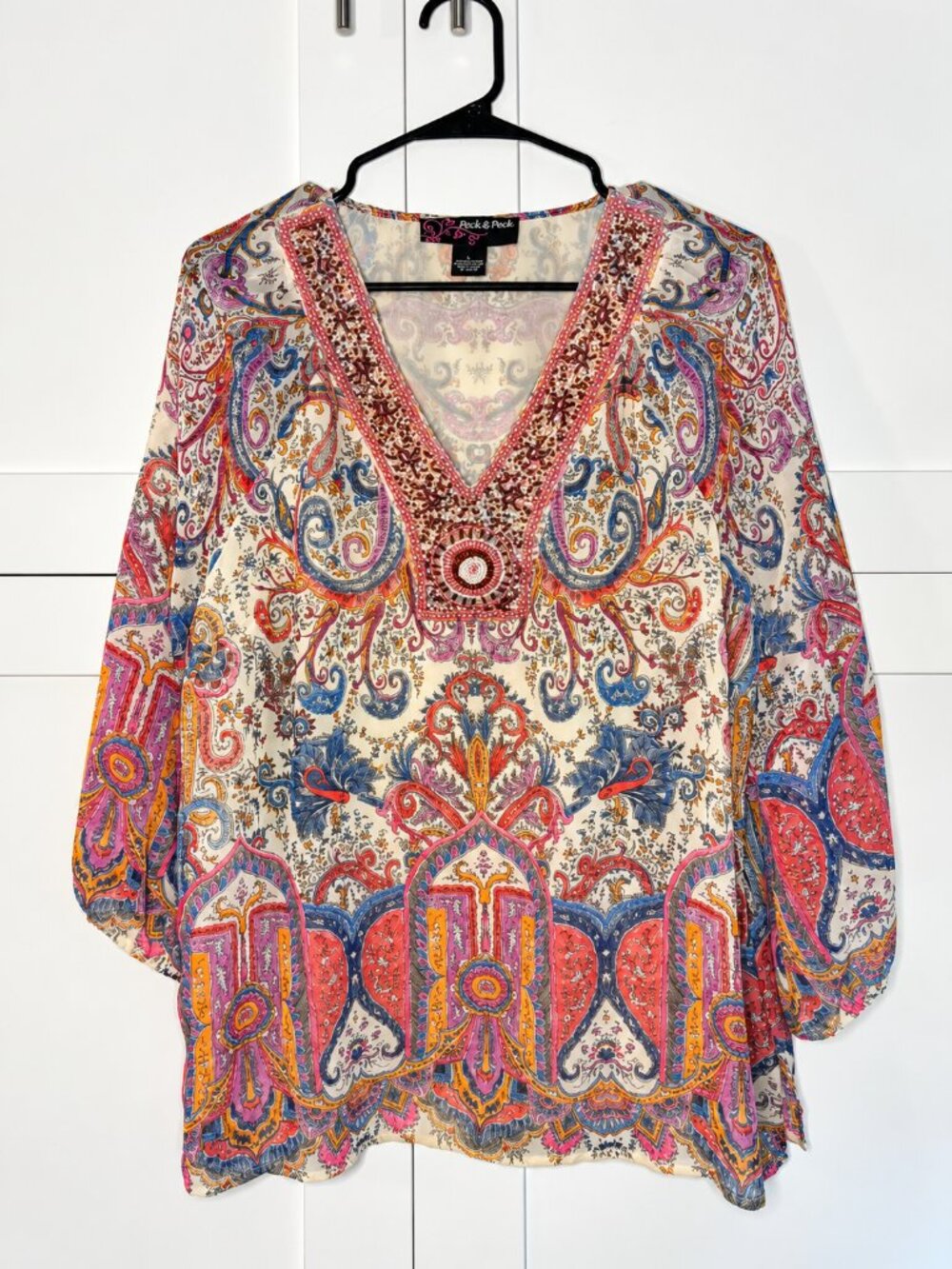 Peck & Peck | Embellished Paisley Boho Tunic Blouse - Size Large